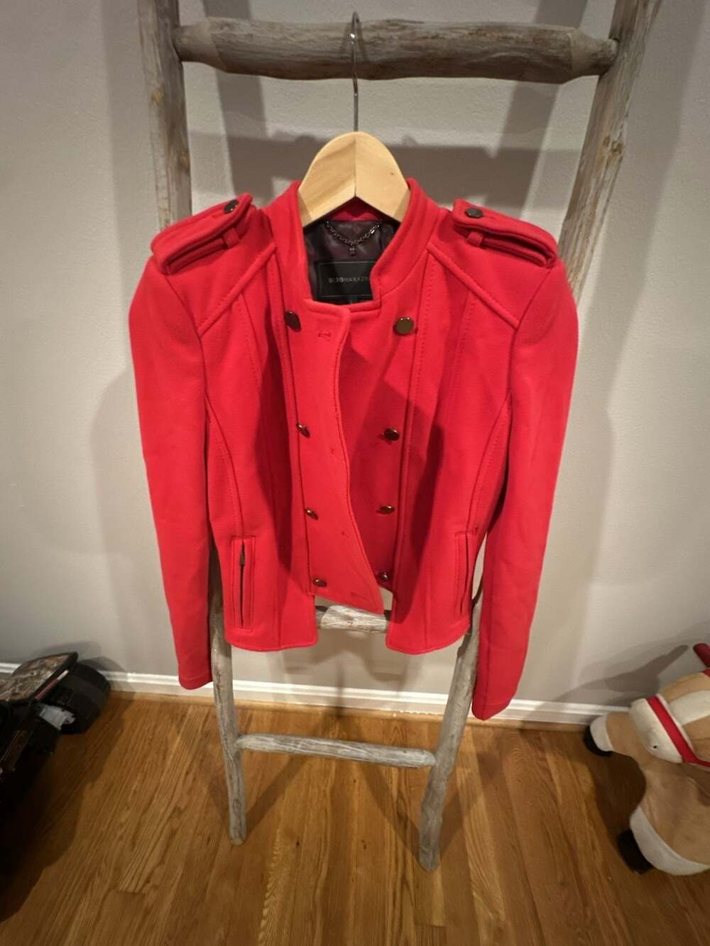 BCBGMAXAZRIA Red Double-Breasted Military Style Jacket with Shoulder Epaulets